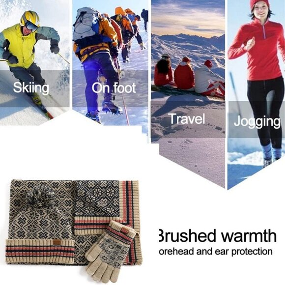 Women's Winter Warm Deep Beige Skull Caps Knit Gloves Beanie Neck Scarves 3 Set - Picture 3 of 6